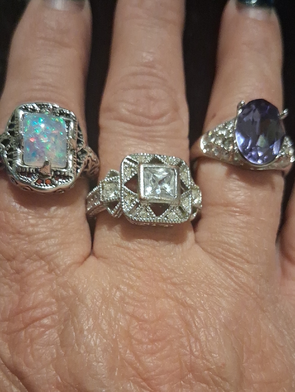 Sterling Silver Plate Opal and Amethyst Fashion Ring Set - Purple, White All 3